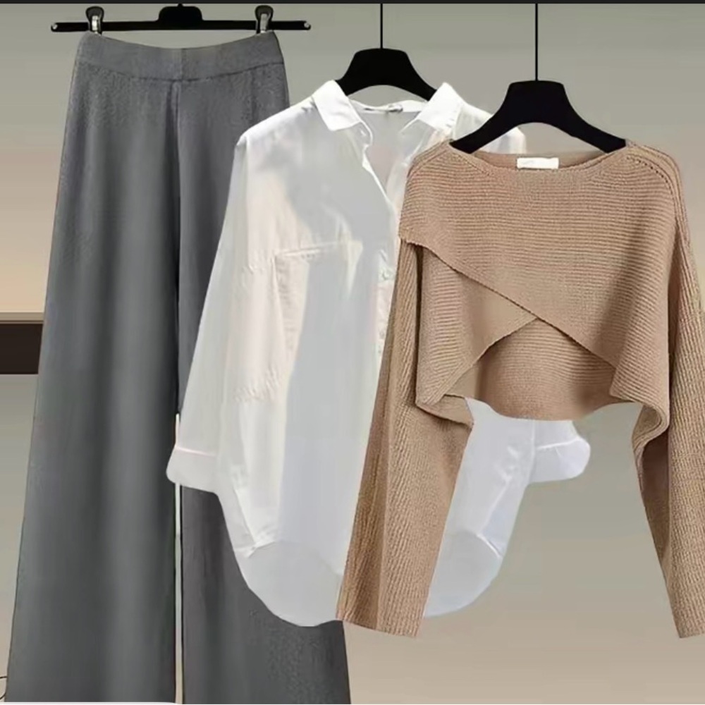 NWT: 3-Piece Set: Cropped Knit Sweater w/ White Button-Up & Wide-Leg Pants